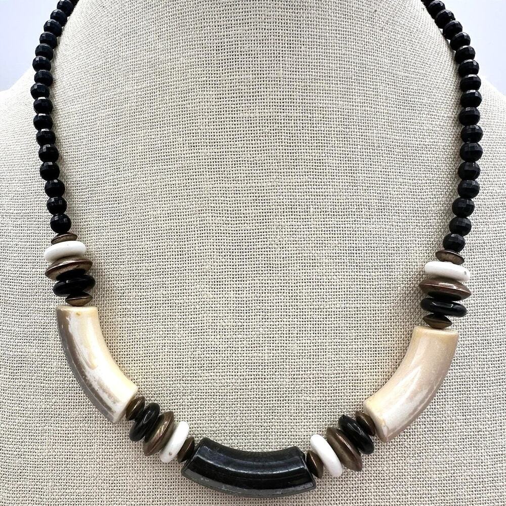Vintage 90s Tribal Choker Necklace Bead Bone Black White Brown Statement Jewelry
